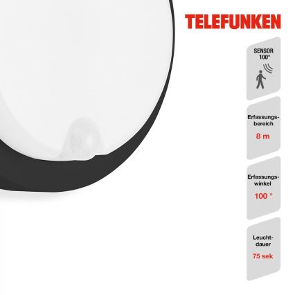 Telefunken 315305TF - LED Zunanja stenska svetilka s senzorjem LED/12W/230V IP44 črna