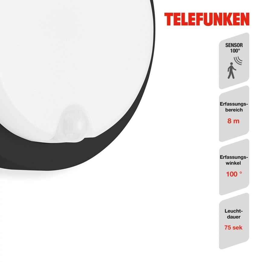 Telefunken 315305TF - LED Zunanja stenska svetilka s senzorjem LED/12W/230V IP44 črna