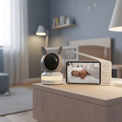 TESLA Electronics Bambino - Pametna otroška varuška z monitorjem 4 MP 2560p 5V 5000 mAh Wi-Fi Tuya siva/bela