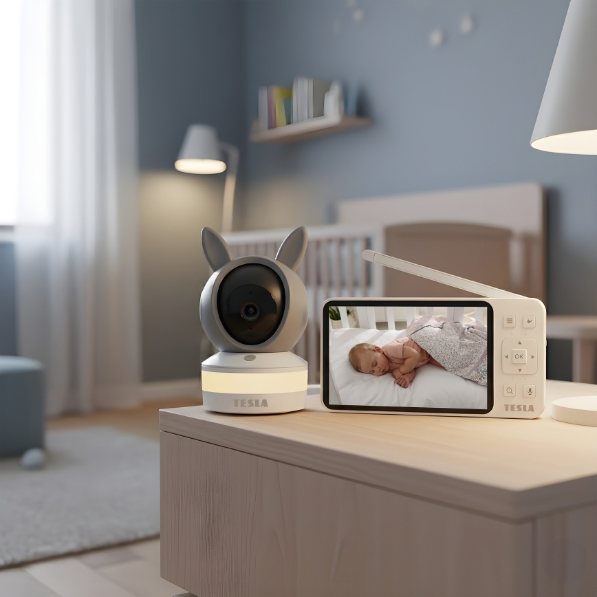 TESLA Electronics Bambino - Pametna otroška varuška z monitorjem 4 MP 2560p 5V 5000 mAh Wi-Fi Tuya siva/bela