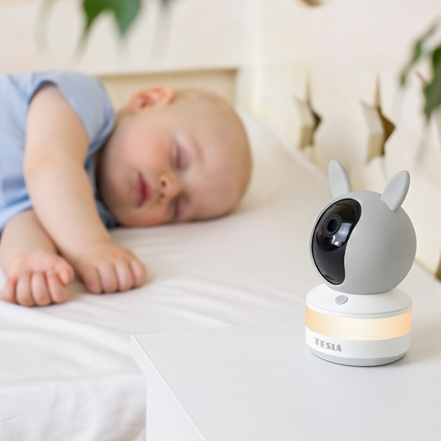 TESLA Electronics Bambino - Pametna otroška varuška z monitorjem 4 MP 2560p 5V 5000 mAh Wi-Fi Tuya siva/bela
