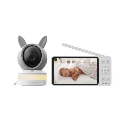 TESLA Electronics Bambino - Pametna otroška varuška z monitorjem 4 MP 2560p 5V 5000 mAh Wi-Fi Tuya siva/bela