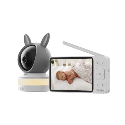 TESLA Electronics Bambino - Pametna otroška varuška z monitorjem 4 MP 2560p 5V 5000 mAh Wi-Fi Tuya siva/bela