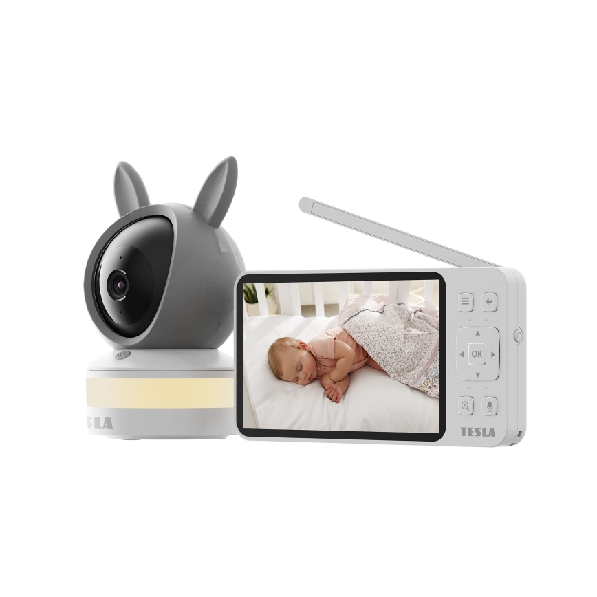 TESLA Electronics Bambino - Pametna otroška varuška z monitorjem 4 MP 2560p 5V 5000 mAh Wi-Fi Tuya siva/bela