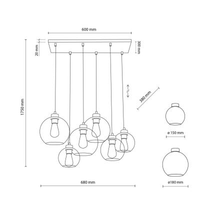 TK Lighting 2164 - Lestenec na vrvici CUBUS 6xE27/60W/230V
