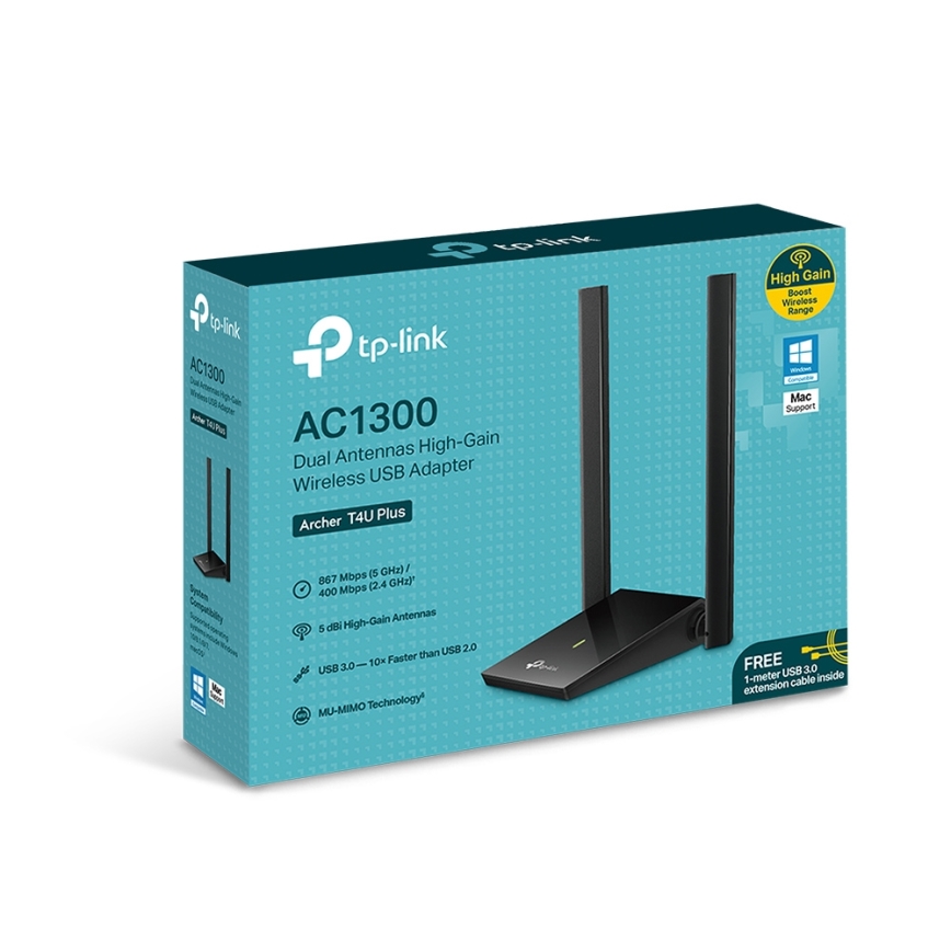 TP-Link - Brezžični USB omrežni adapter z antenami in visokim dobičkom Archer T4U Plus Wi-Fi