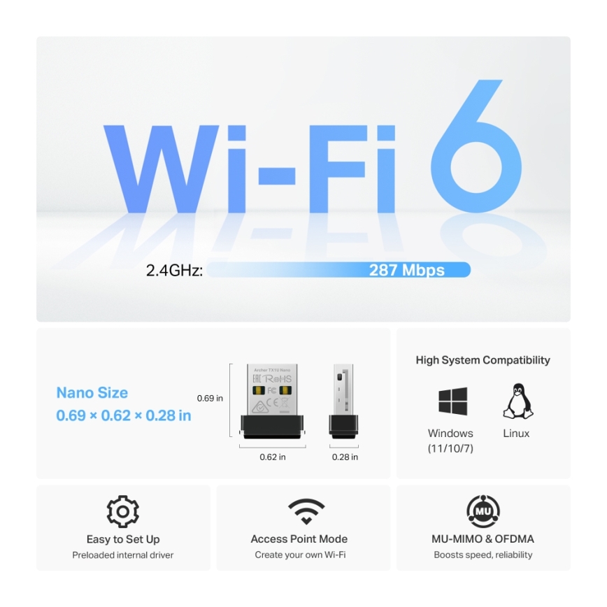 TP-Link - Brezžični Wi-Fi 6 USB nano adapter