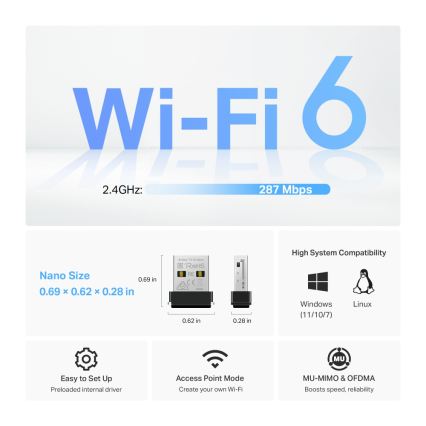 TP-Link - Brezžični Wi‑Fi 6 USB nano adapter Archer TX1U Nano