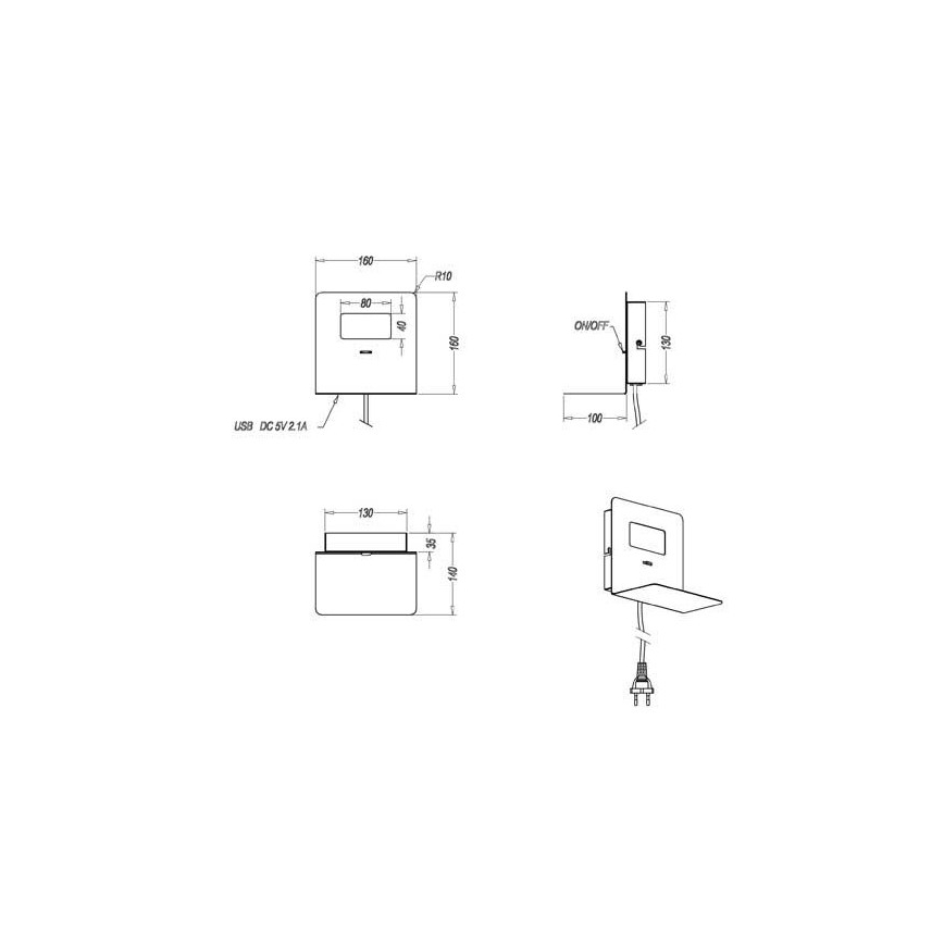 Trio - LED Stenska svetilka s polico ALOFT LED/3W/230V + USB priključek