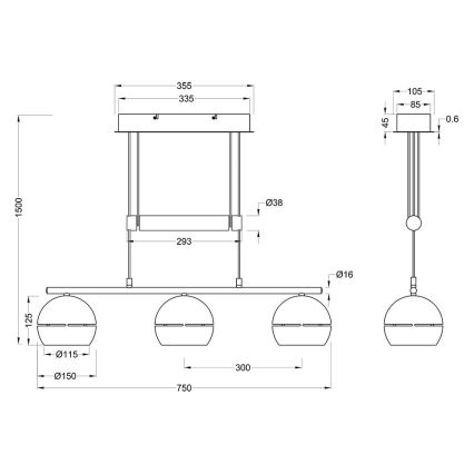 Trio - Lestenec na vrvici FLETCHER 3xE14/40W/230V medenina