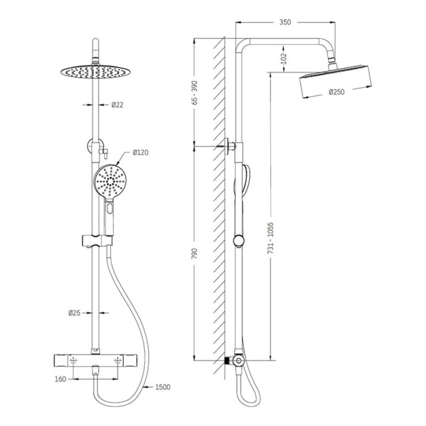 Tuš set z termostatsko baterijo DRAGOR, polirana medenina