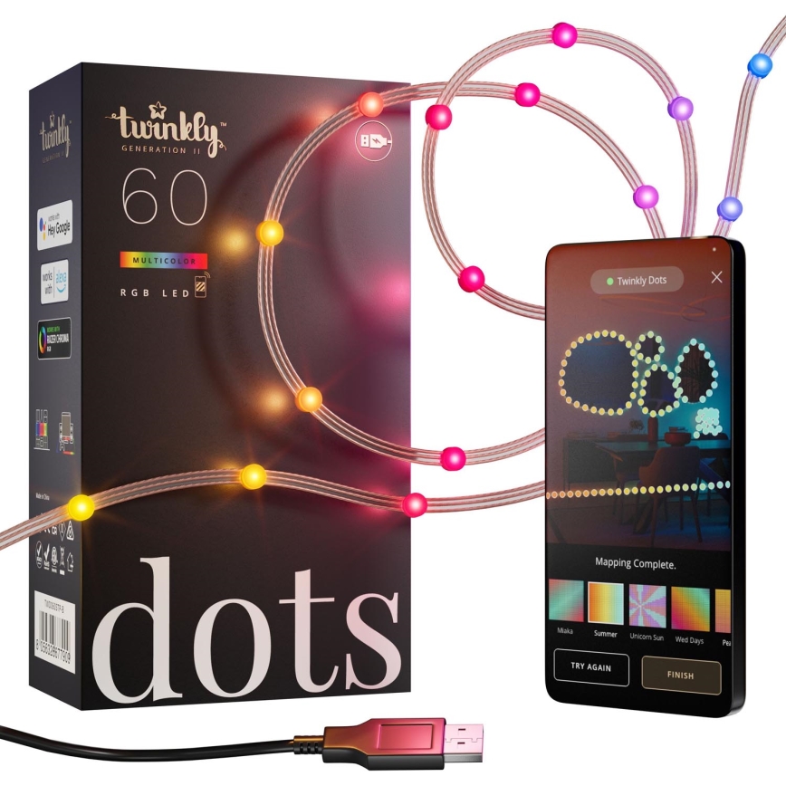 Twinkly - LED RGB zatemljiv božični niz DOTS 60xLED 7 m USB Wi-Fi