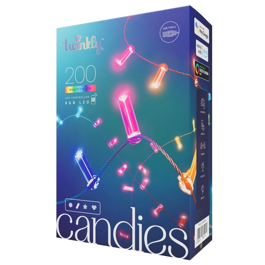Twinkly - LED RGB niz lučk CANDIES s funkcijo zatemnjevanja, 200 LED, 14 m, USB, Wi‑Fi