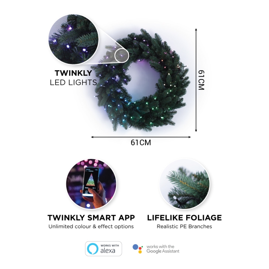 Twinkly - LED RGB Zatemnitven Božični venec PRE-LIT WREATH 50xLED pr. 61cm Wi-Fi