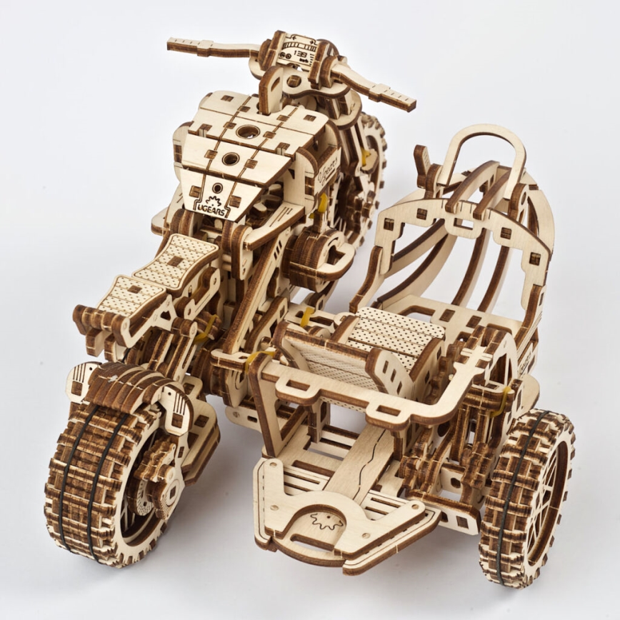 Ugears - 3D lesena mehanska sestavljanka Scrambler motorcycle z košarica
