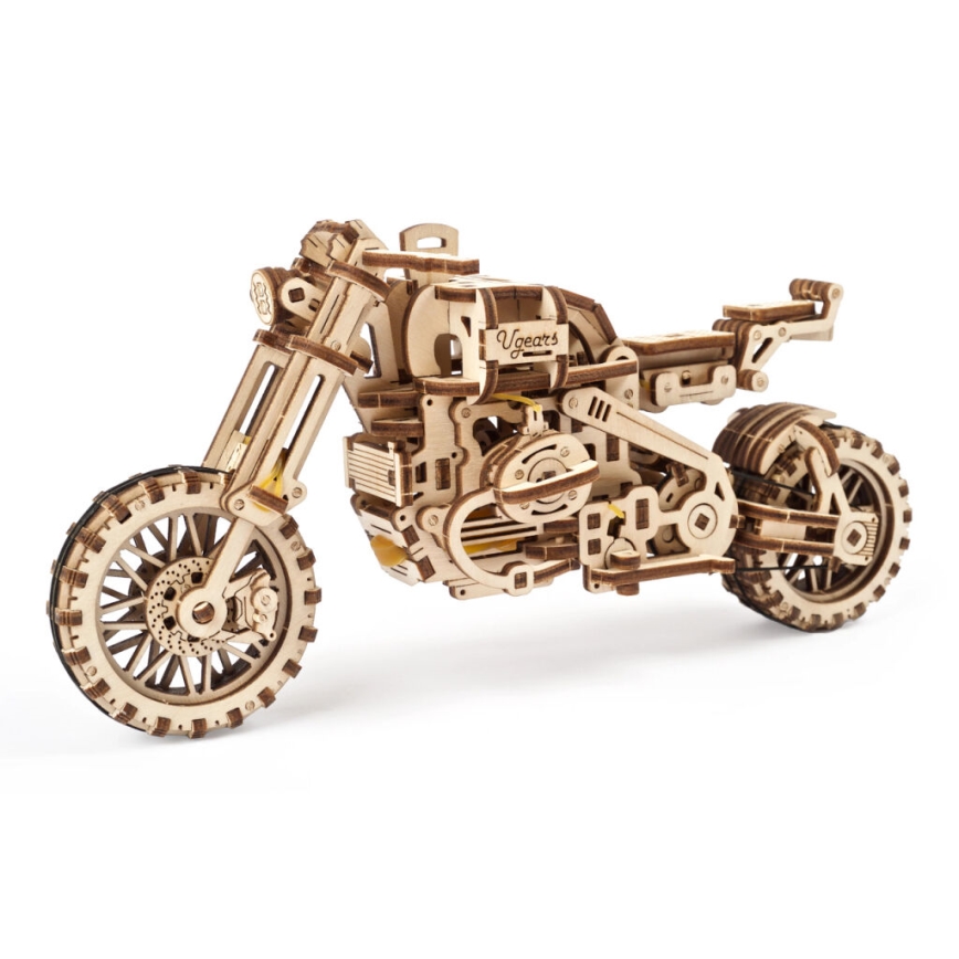 Ugears - 3D lesena mehanska sestavljanka Scrambler motorcycle z košarica
