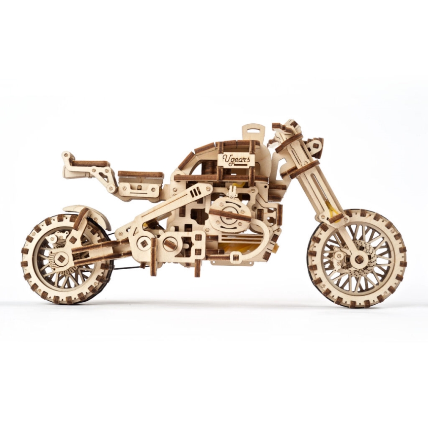 Ugears - 3D lesena mehanska sestavljanka Scrambler motorcycle z košarica