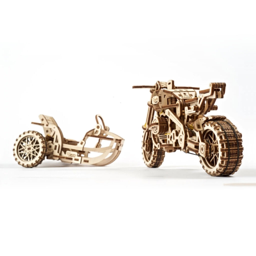 Ugears - 3D lesena mehanska sestavljanka Scrambler motorcycle z košarica