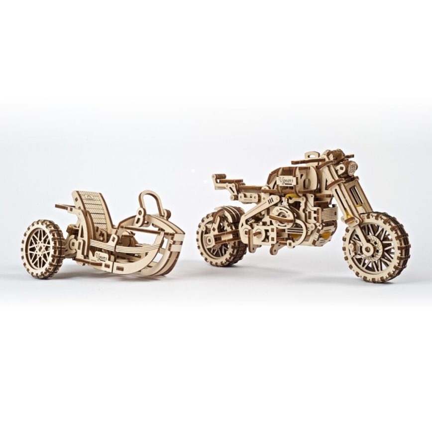 Ugears - 3D lesena mehanska sestavljanka Scrambler motorcycle z košarica