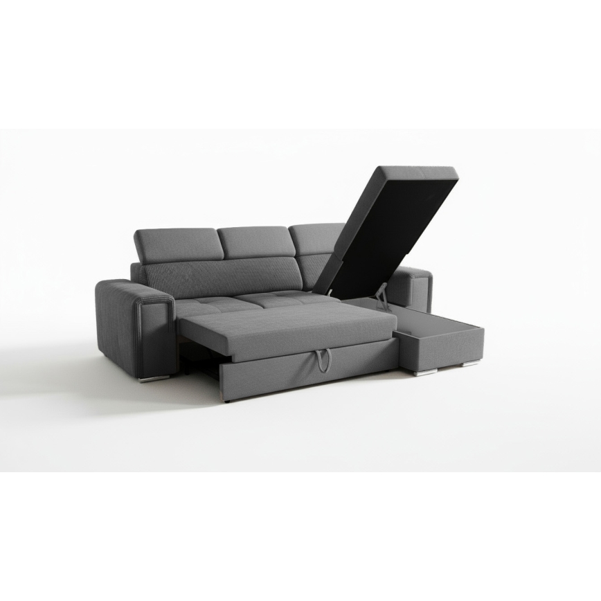 Univerzalna kotna raztegljiva sedežna garnitura v obliki L s shranjevalnim prostorom SALVADA, temno siva