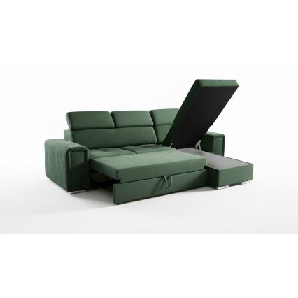 Univerzalna kotna raztegljiva sedežna garnitura v obliki L s shranjevalnim prostorom SALVADA zelena