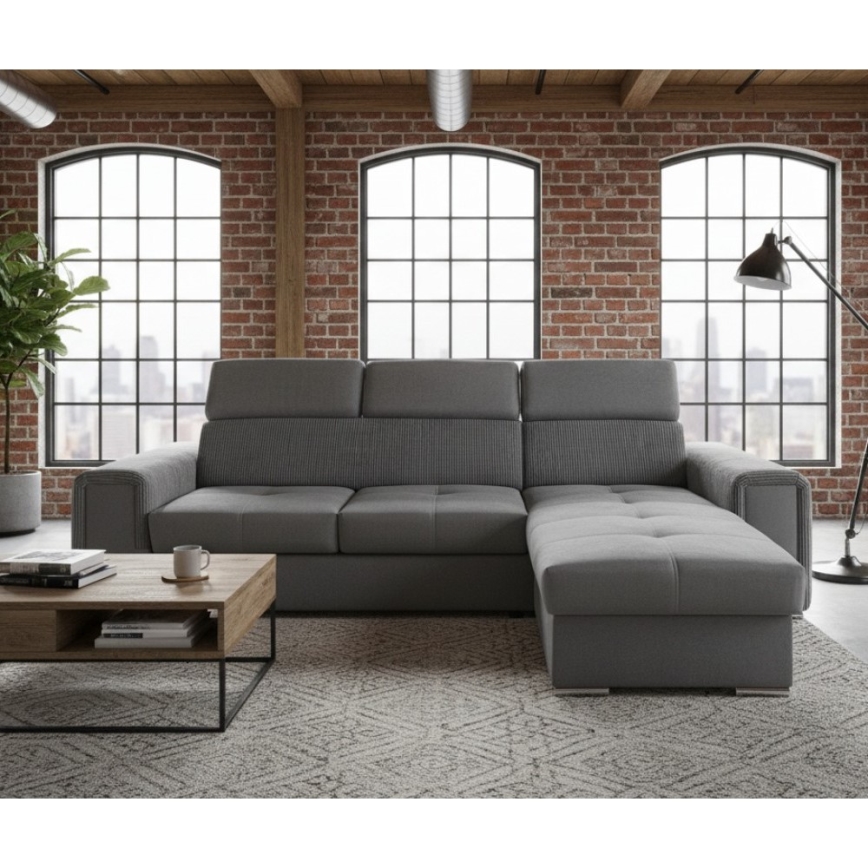 Univerzalna kotna raztegljiva sedežna garnitura v obliki L s shranjevalnim prostorom SALVADA, temno siva