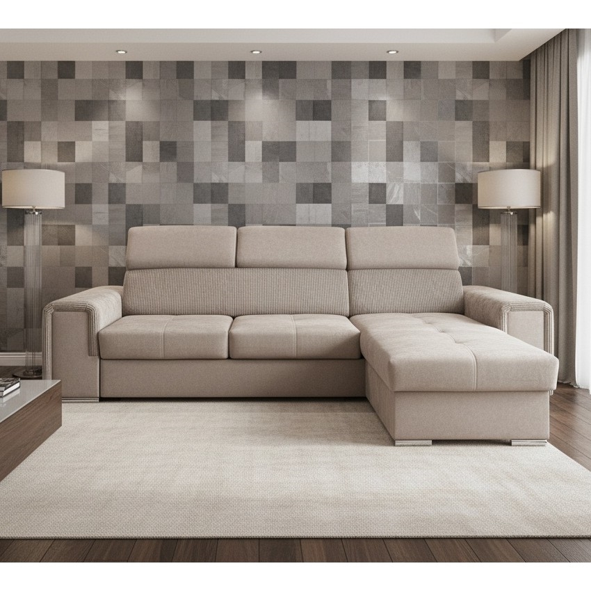 Univerzalna kotna raztegljiva sedežna garnitura v obliki L z vgrajenim shranjevalnim prostorom SALVADA, bež