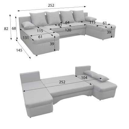 Univerzalna raztegljiva kotna sedežna garnitura v obliki črke U ALMEIDA, siva, z vgrajenim shranjevalnim prostorom