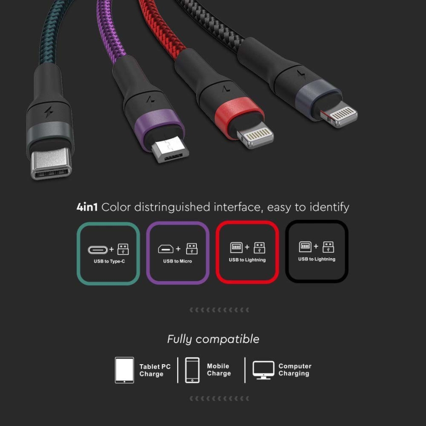 USB kabel USB-A / USB Lightning / MicroUSB / USB-C 1,2m multicolor