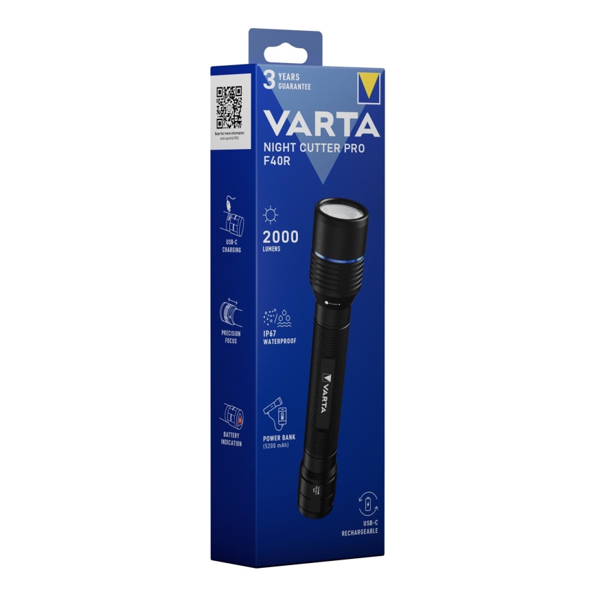 Varta 18922101111 - LED polnilna svetilka z vgrajeno powerbanko NIGHT CUTTER PRO F40R LED/USB IP67 5200 mAh