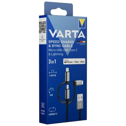 Varta 57937101111 - USB kabel 3v1 s konektorjem Lightning in Micro USB 2m