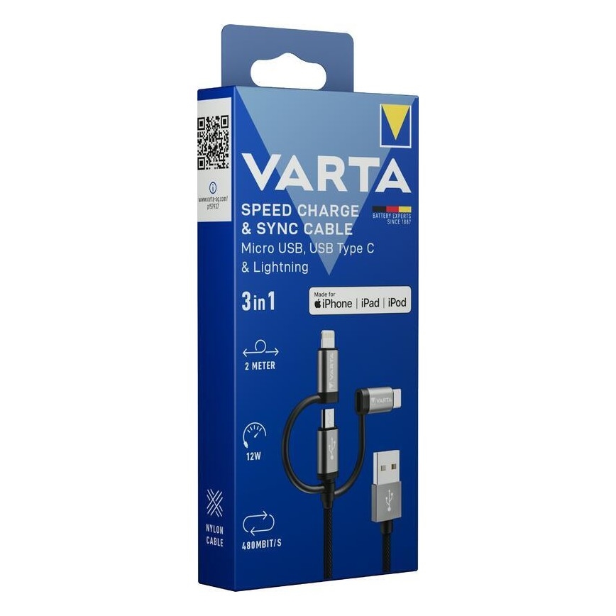 Varta 57937101111 - USB kabel 3v1 s konektorjem Lightning in Micro USB 2m
