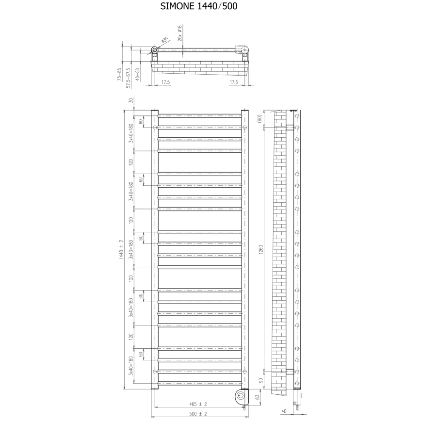 Vertaduro - Kopalniški radiator s termostatom SIMONE 600 W 144 x 50 cm taupe