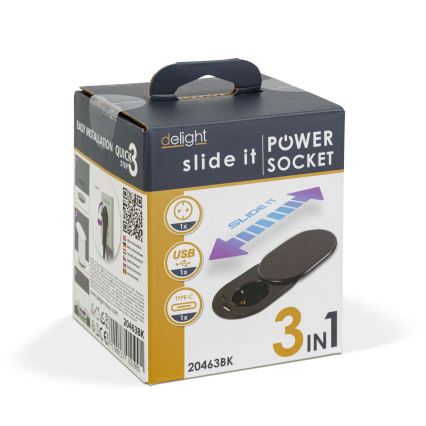 Vgradna vtičnica z drsnim pokrovom, 1 vtičnica + USB-C + USB-A, črna