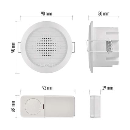 Vgradni brezžični zvonec 230V + 1xCR2032, bel
