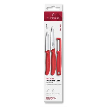 Victorinox - 3-delni set kuhinjskih nožev s lupilcem SWISS CLASSIC, rdeč