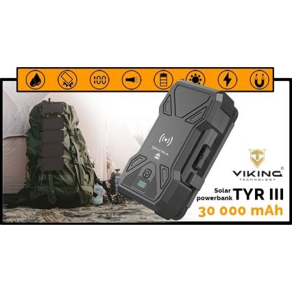 Viking - prenosna baterija z LED svetilko, brezžičnim polnjenjem in sončnim panelom Power Delivery 22,5W/30000 mAh