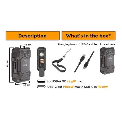 Viking - prenosna baterija z LED svetilko, brezžičnim polnjenjem in sončnim panelom Power Delivery 22,5W/30000 mAh