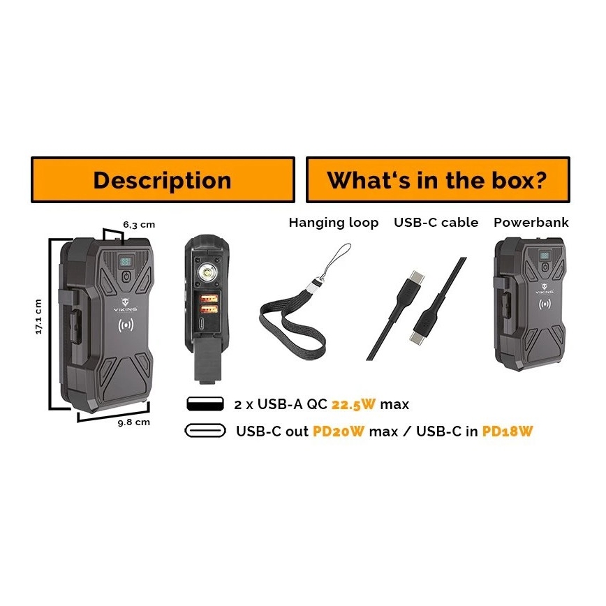 Viking - prenosna baterija z LED svetilko, brezžičnim polnjenjem in sončnim panelom Power Delivery 22,5W/30000 mAh
