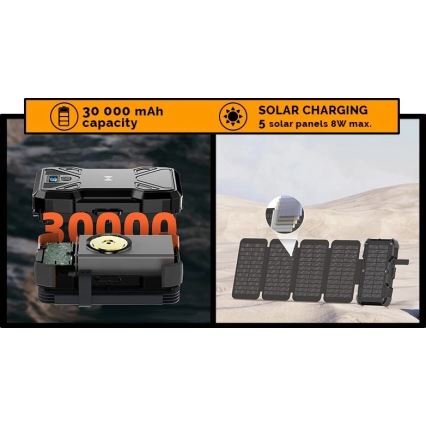 Viking - prenosna baterija z LED svetilko, brezžičnim polnjenjem in sončnim panelom Power Delivery 22,5W/30000 mAh
