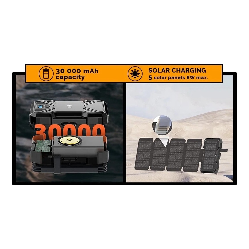 Viking - prenosna baterija z LED svetilko, brezžičnim polnjenjem in sončnim panelom Power Delivery 22,5W/30000 mAh