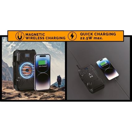 Viking - prenosna baterija z LED svetilko, brezžičnim polnjenjem in sončnim panelom Power Delivery 22,5W/30000 mAh