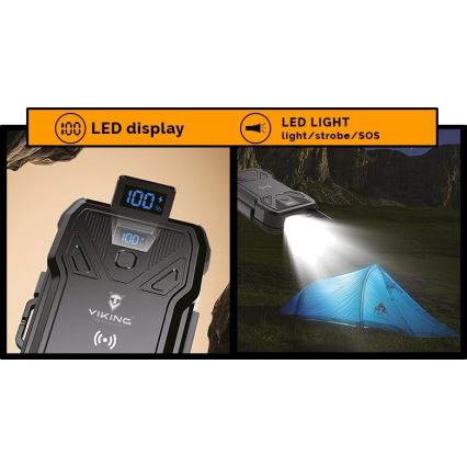 Viking - prenosna baterija z LED svetilko, brezžičnim polnjenjem in sončnim panelom Power Delivery 22,5W/30000 mAh