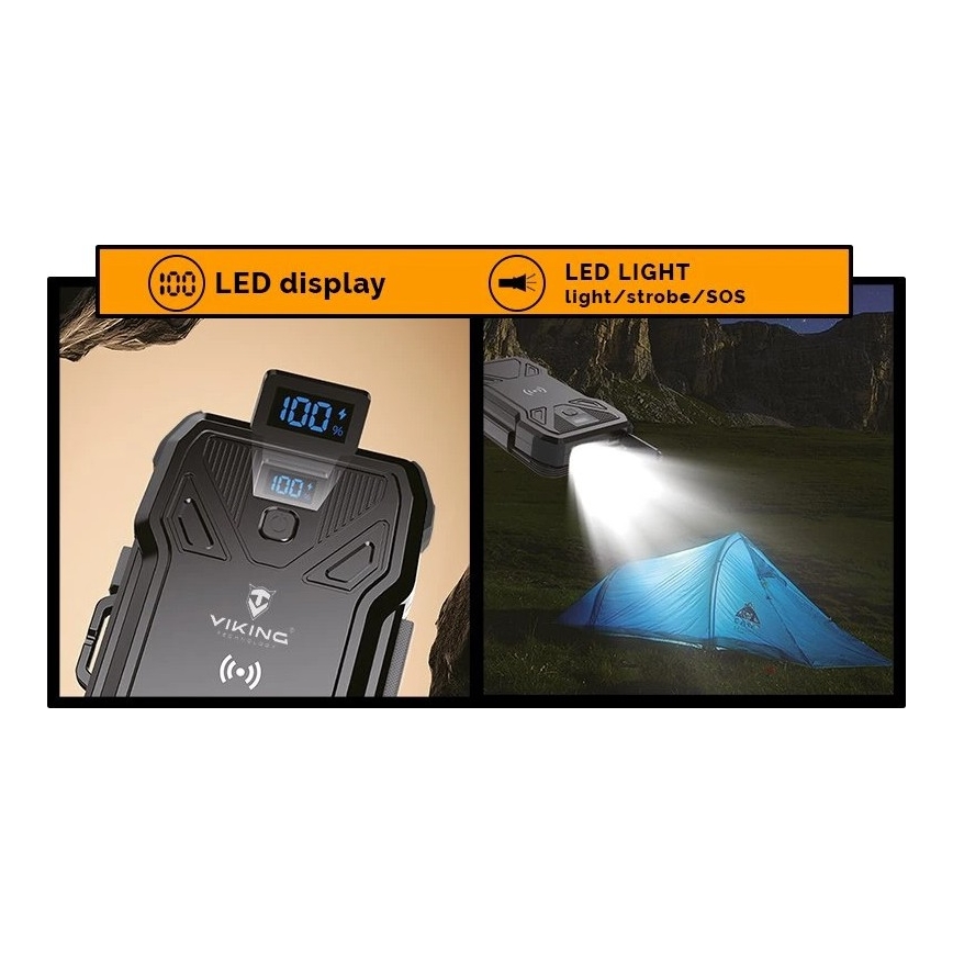 Viking - prenosna baterija z LED svetilko, brezžičnim polnjenjem in sončnim panelom Power Delivery 22,5W/30000 mAh