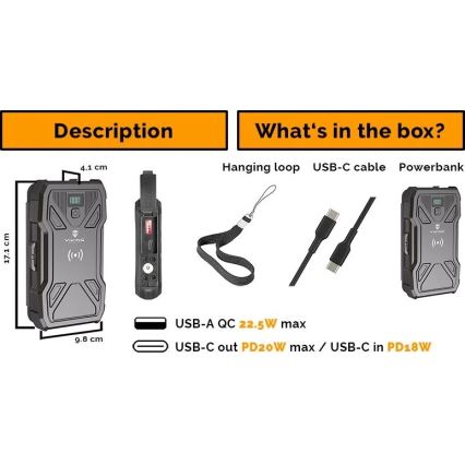Viking - prenosna baterija s LED svetilko, brezžičnim polnjenjem in sončnim panelom Power Delivery 22,5W/10000 mAh