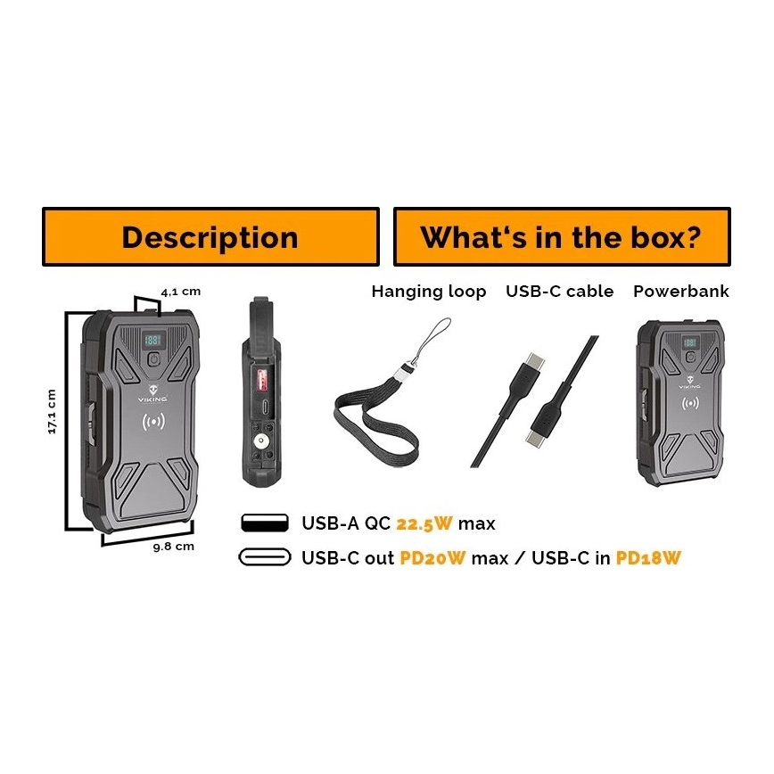 Viking - prenosna baterija s LED svetilko, brezžičnim polnjenjem in sončnim panelom Power Delivery 22,5W/10000 mAh