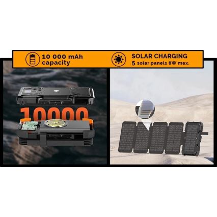 Viking - prenosna baterija s LED svetilko, brezžičnim polnjenjem in sončnim panelom Power Delivery 22,5W/10000 mAh