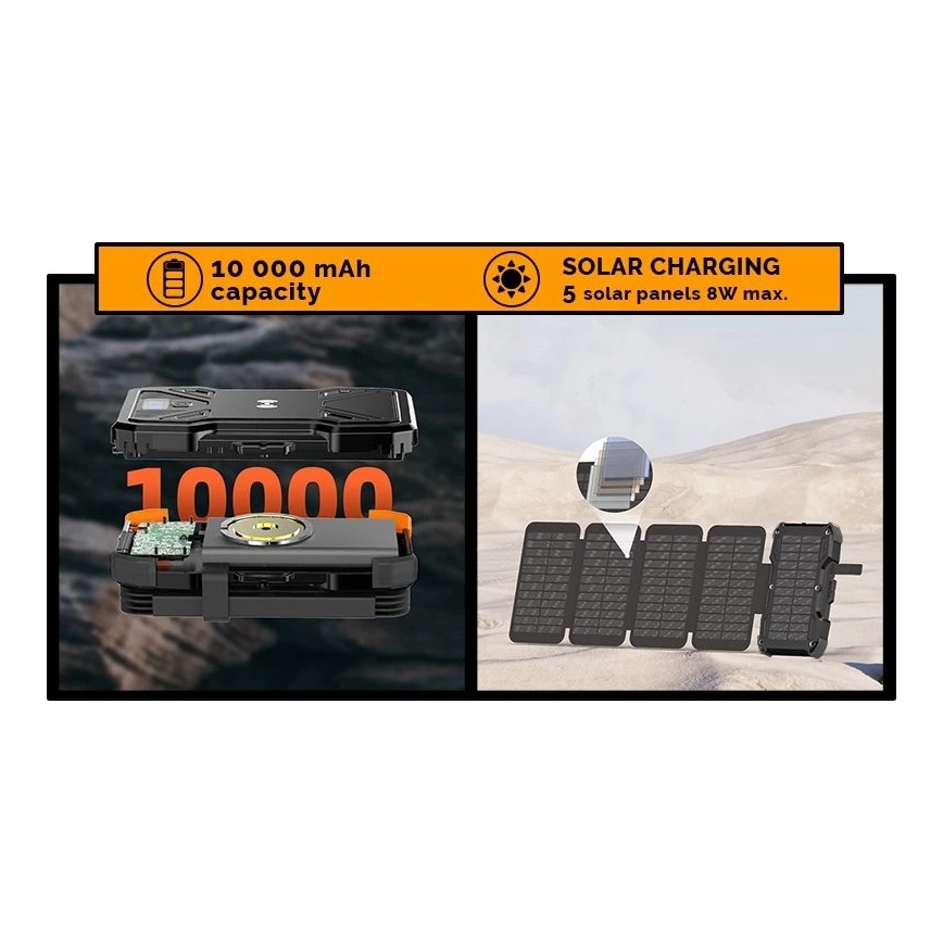 Viking - prenosna baterija s LED svetilko, brezžičnim polnjenjem in sončnim panelom Power Delivery 22,5W/10000 mAh