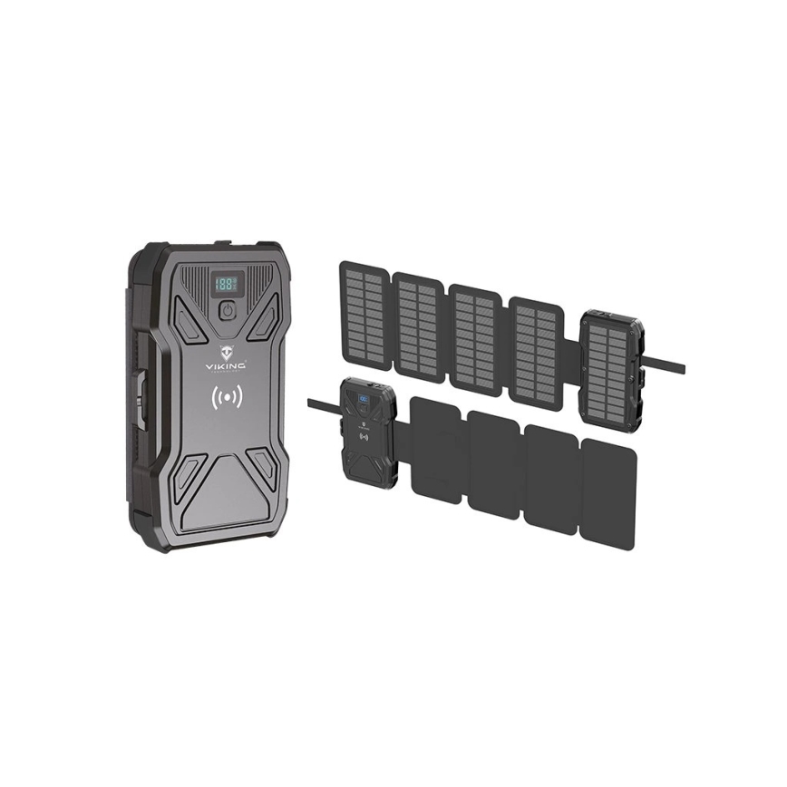 Viking - prenosna baterija s LED svetilko, brezžičnim polnjenjem in sončnim panelom Power Delivery 22,5W/10000 mAh