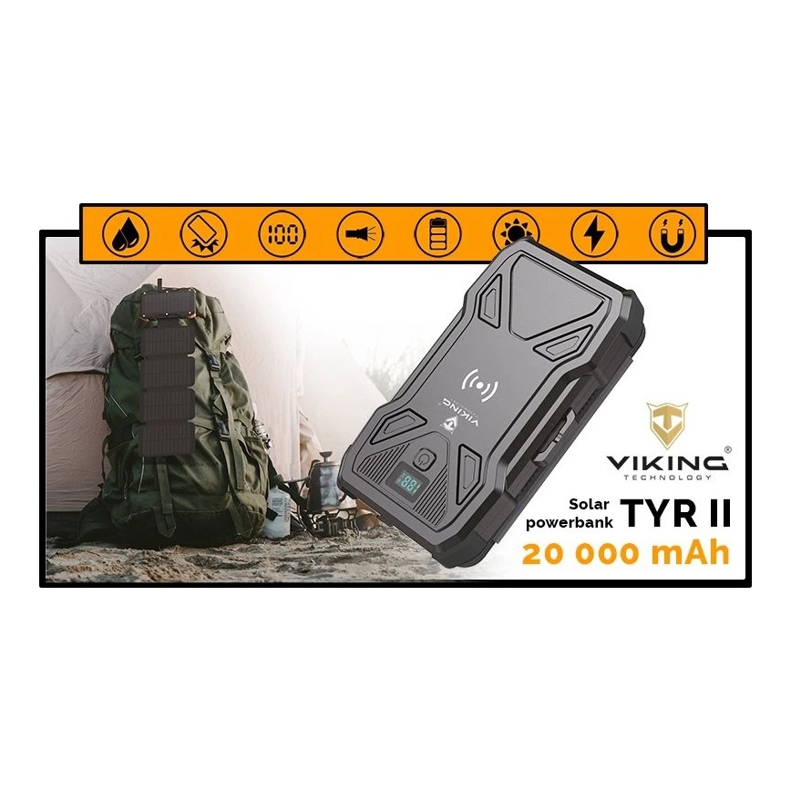 Viking - powerbank z LED svetilko, brezžičnim polnjenjem in solarnim panelom Power Delivery 22,5W/20000 mAh